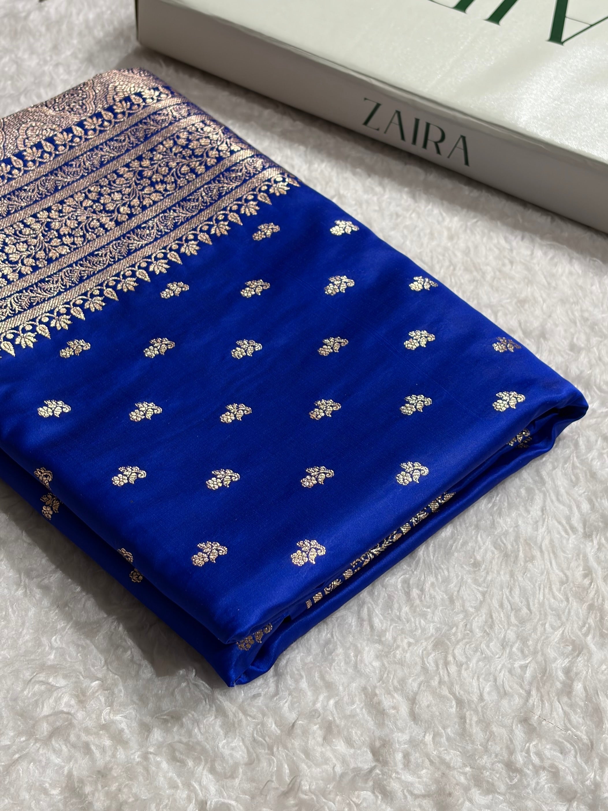 Banarasi Satin Katan Saree With Boota in Royal Blue Shades SK89