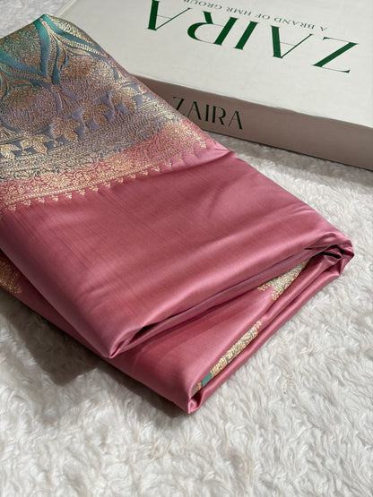 Banarasi Satin Katan Saree in Contrast Mauve & Sea Green Shades SK131