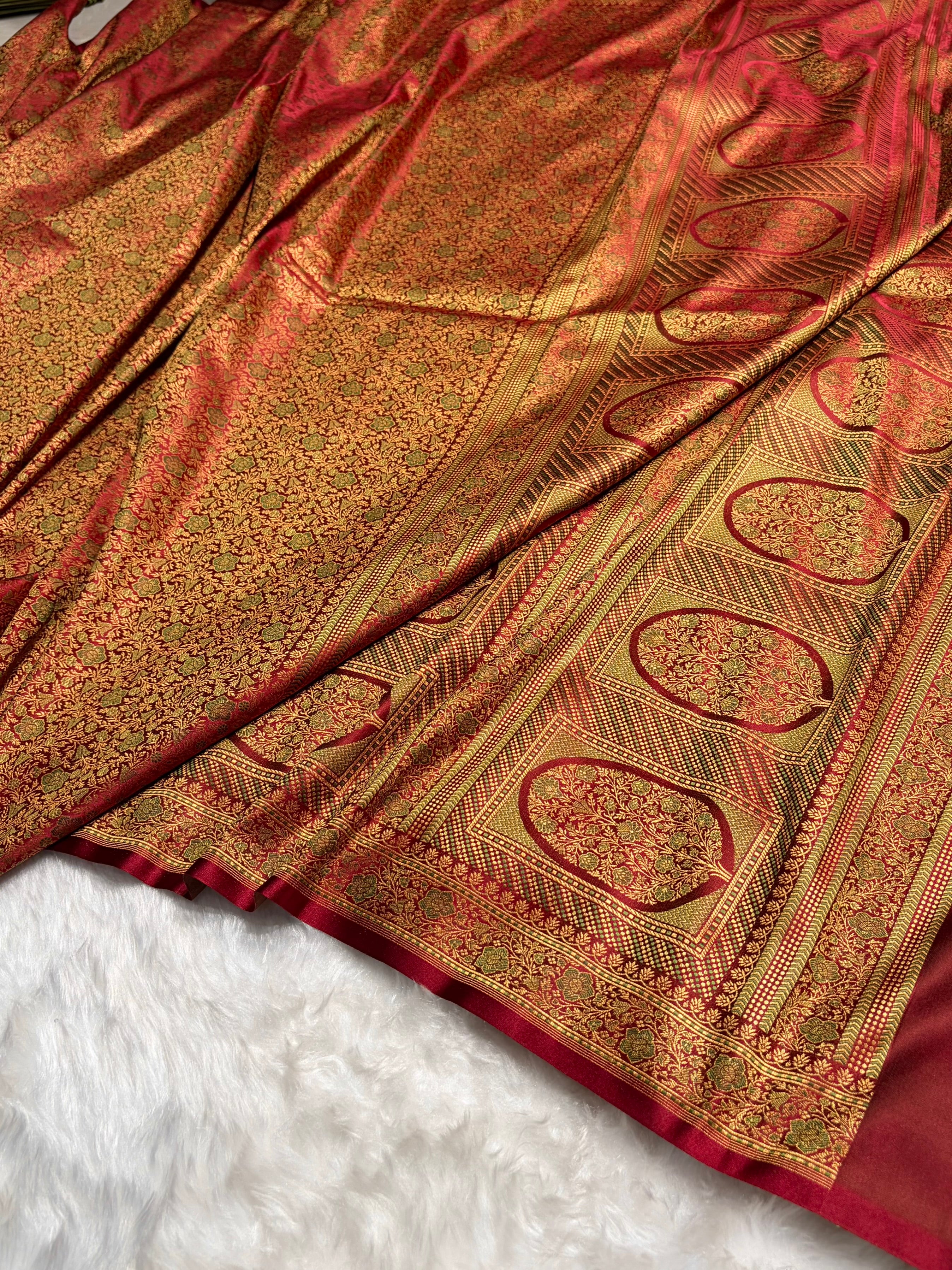 Greenish Maroon Jamawar Tanchoi Katan Silk Saree SKTM-14