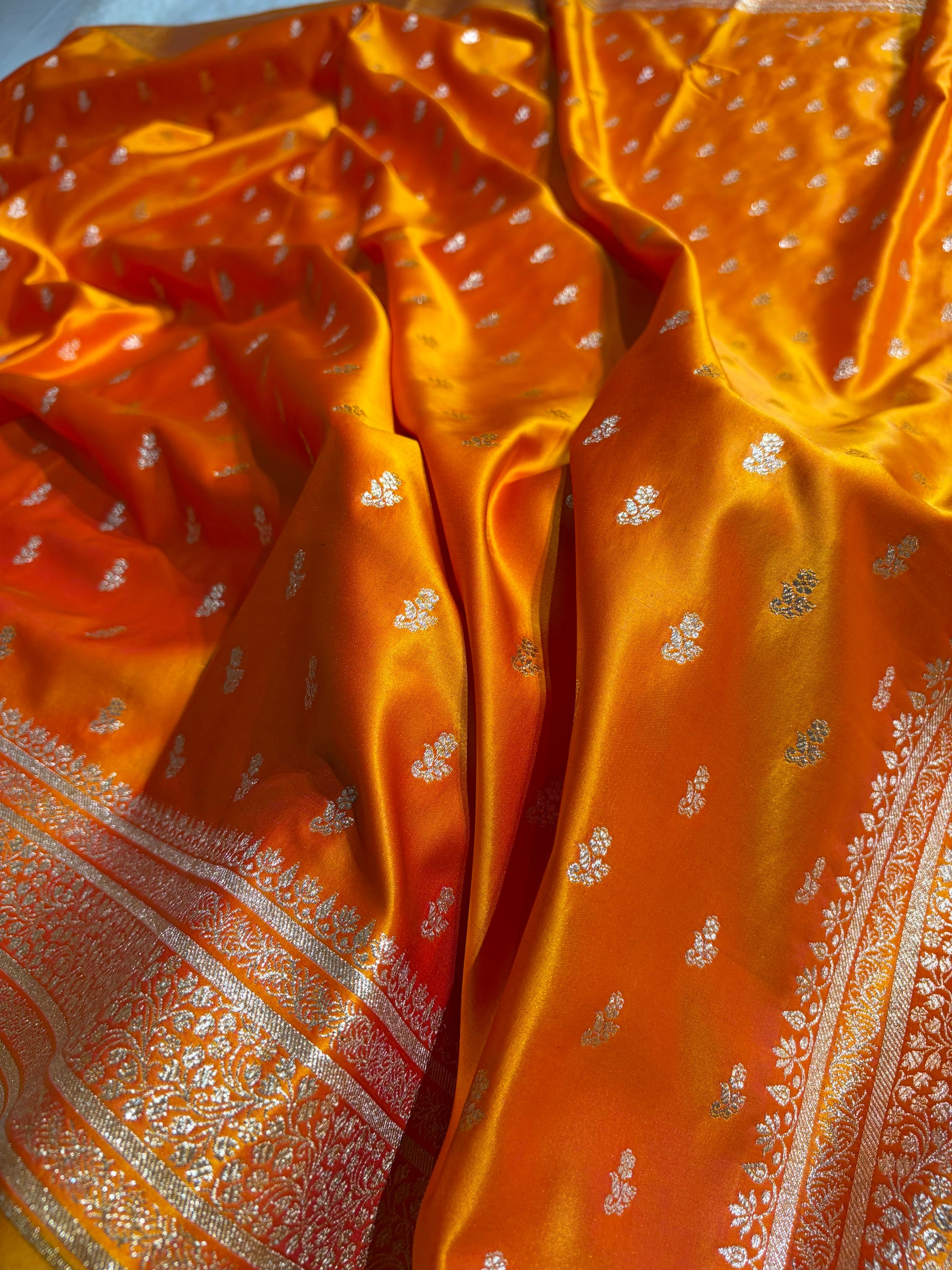 Banarasi Satin Katan Saree With Boota in Orange Gold Shades SK89