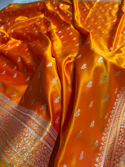 Banarasi Satin Katan Saree With Boota in Orange Gold Shades SK89