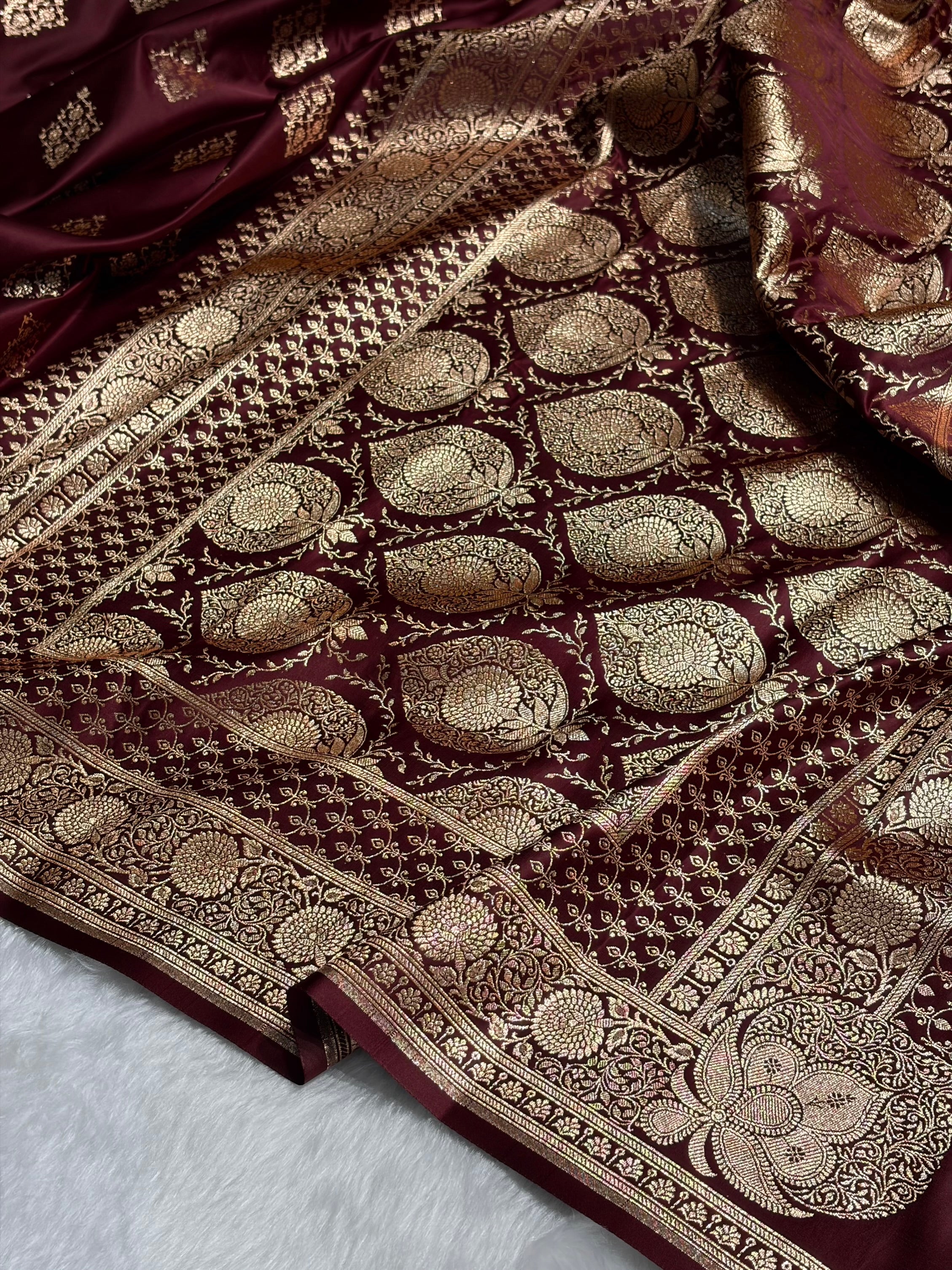 Garnet Floral Boota Satin Katan Silk saree SK35