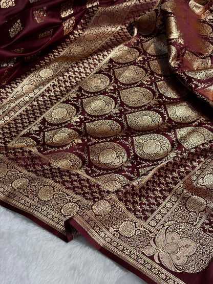 Garnet Floral Boota Satin Katan Silk saree SK35