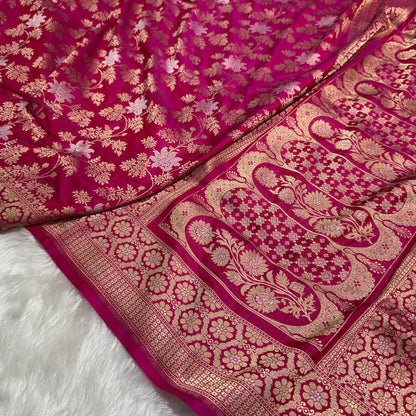 Pinkish Red Shades Rupa Sona Jaal Pure Katan Silk Handloom Banarasi Saree | SKU - ZP06