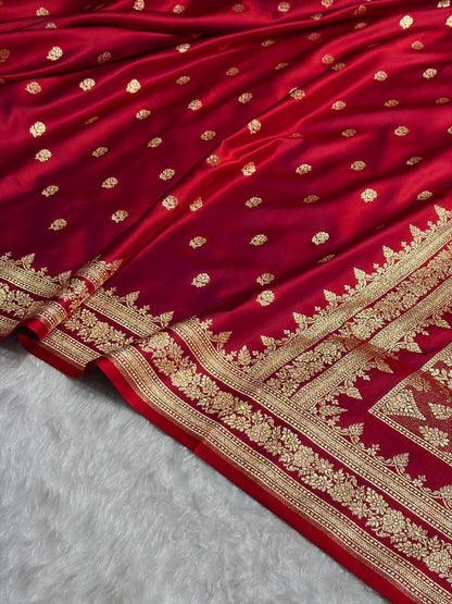 Magentic Red Floral Pattern Satin Katan Silk Saree SK76