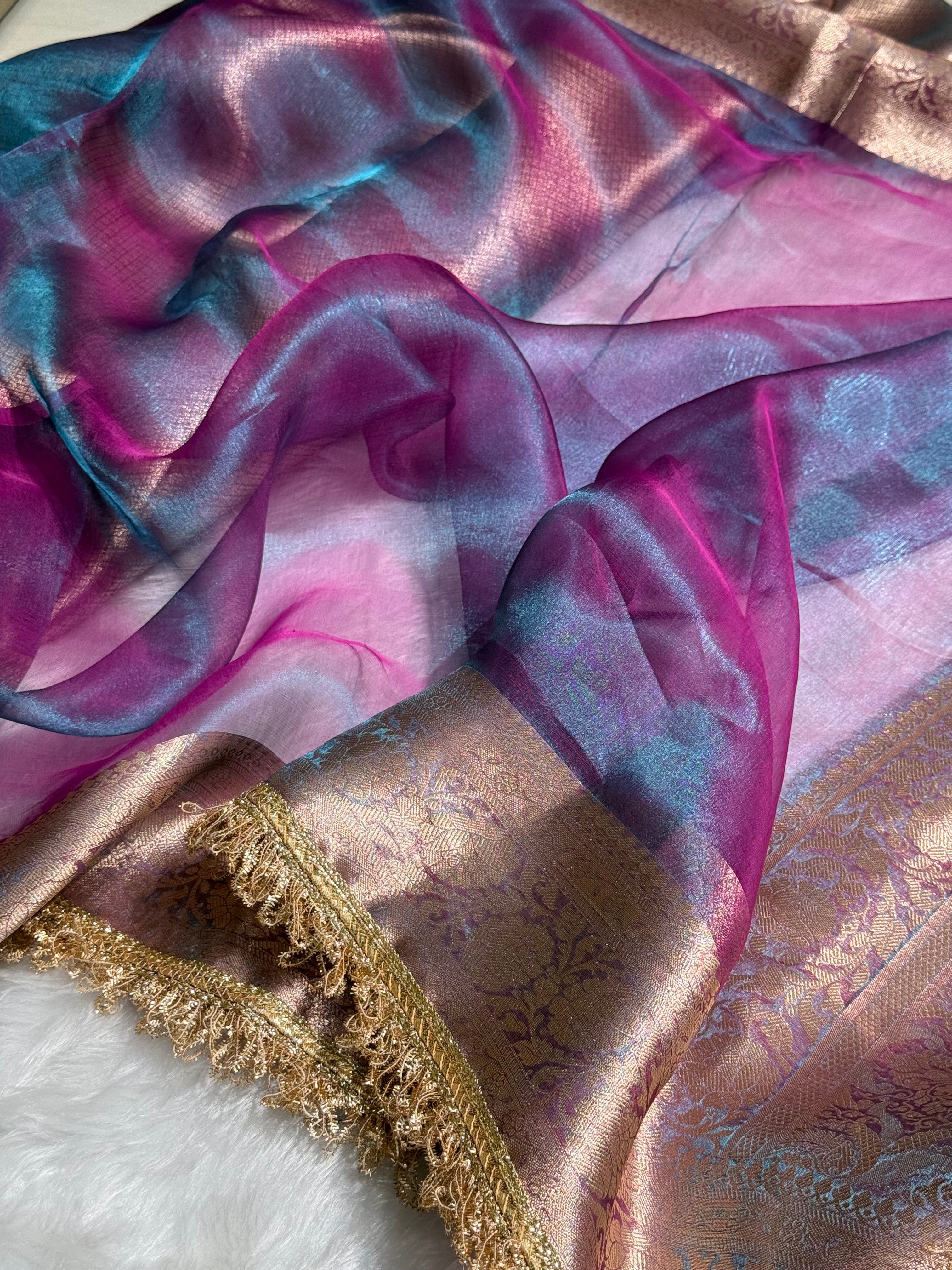 Cross Purple Shade Pure Tissue Silk Saree with Brocade Blouse And Gotta Patti PT-18