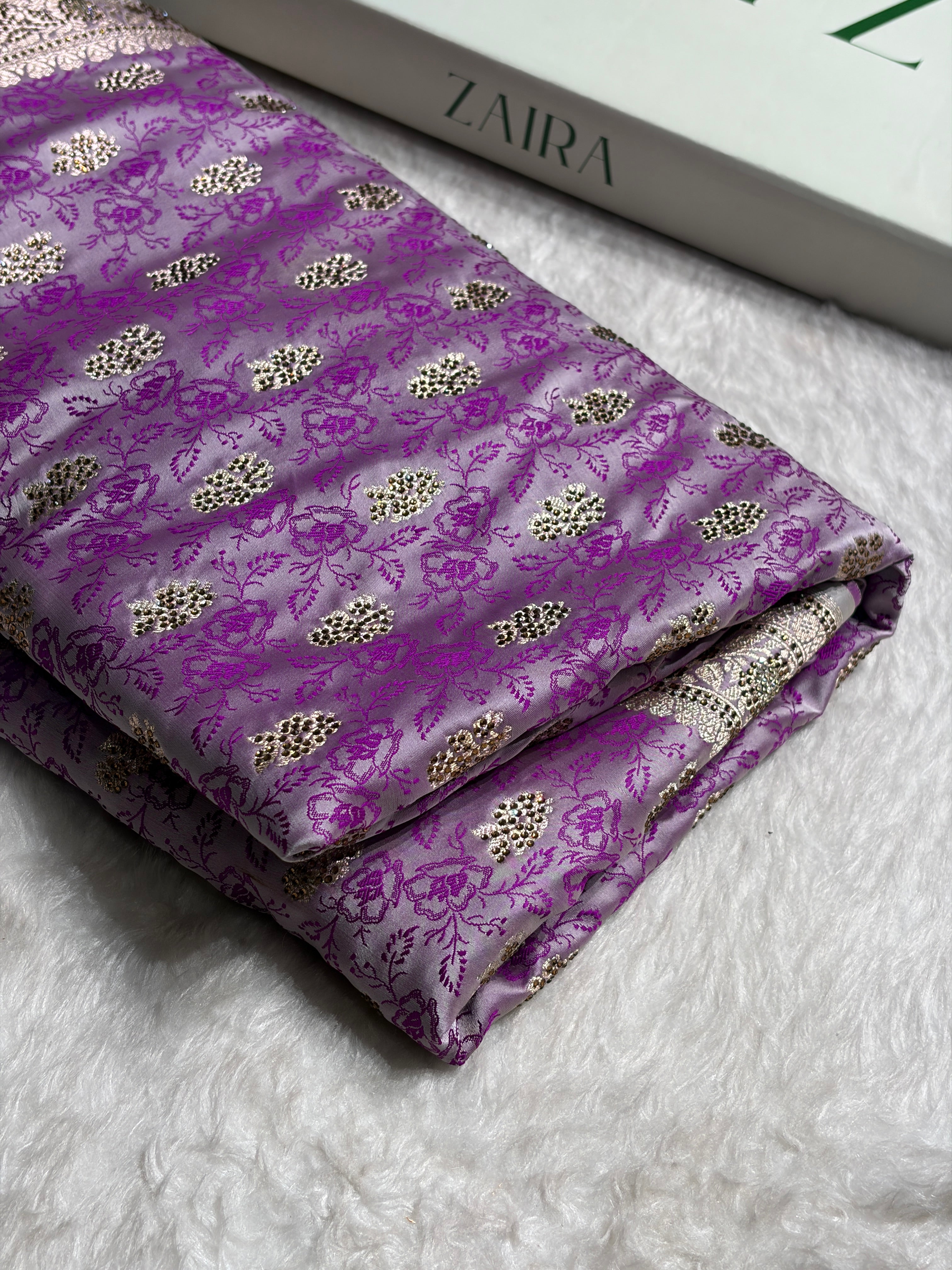 Banarasi Lavender Shades Tanchoi Motif With Swarovski Work Mashru Silk Saree BMST-10