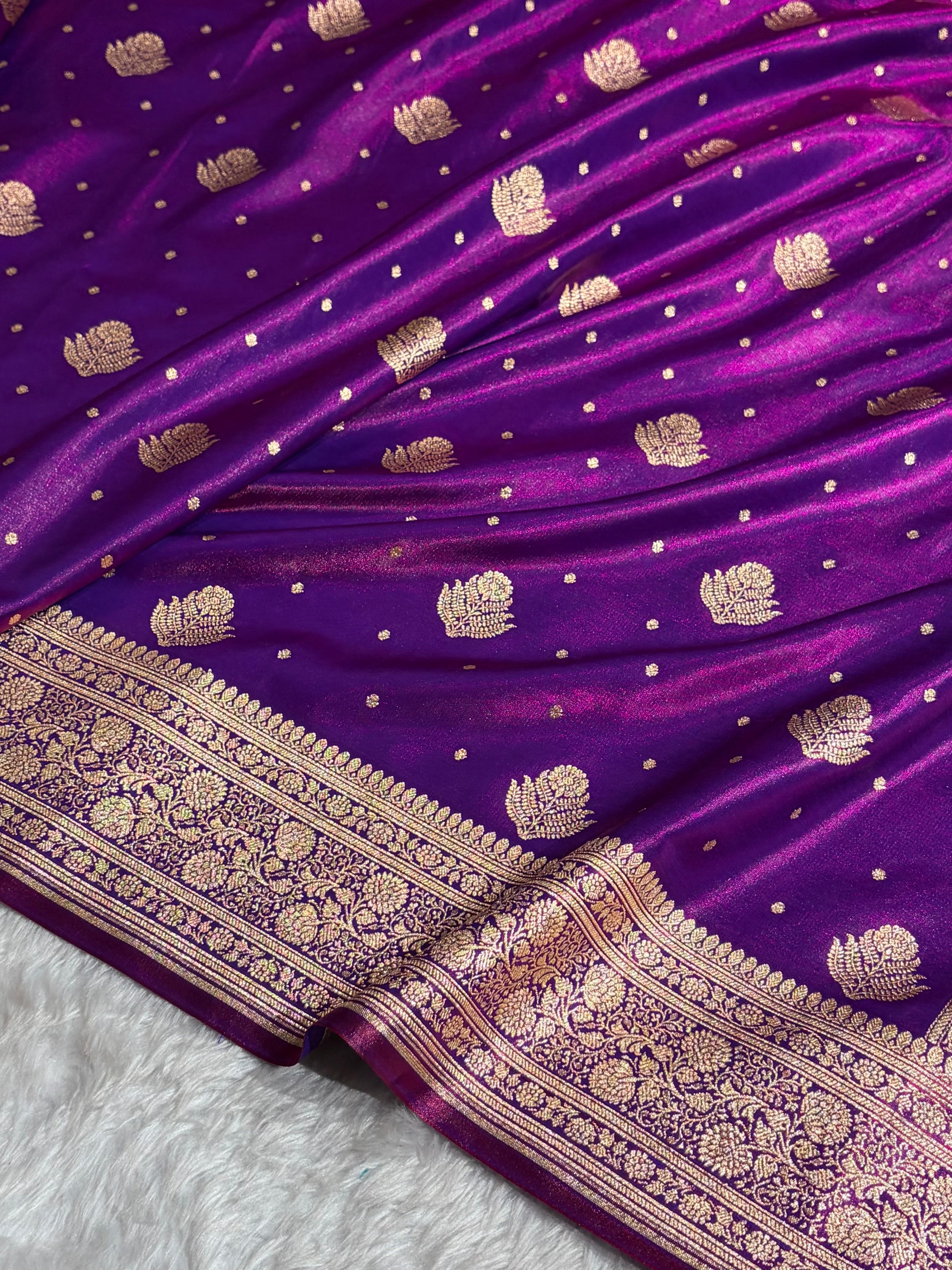 Banarasi Cross Purple Shades Booti Pattern Banarasi Satin Silk Saree SS59