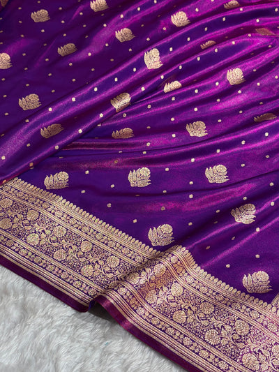 Banarasi Cross Purple Shades Booti Pattern Banarasi Satin Silk Saree SS59