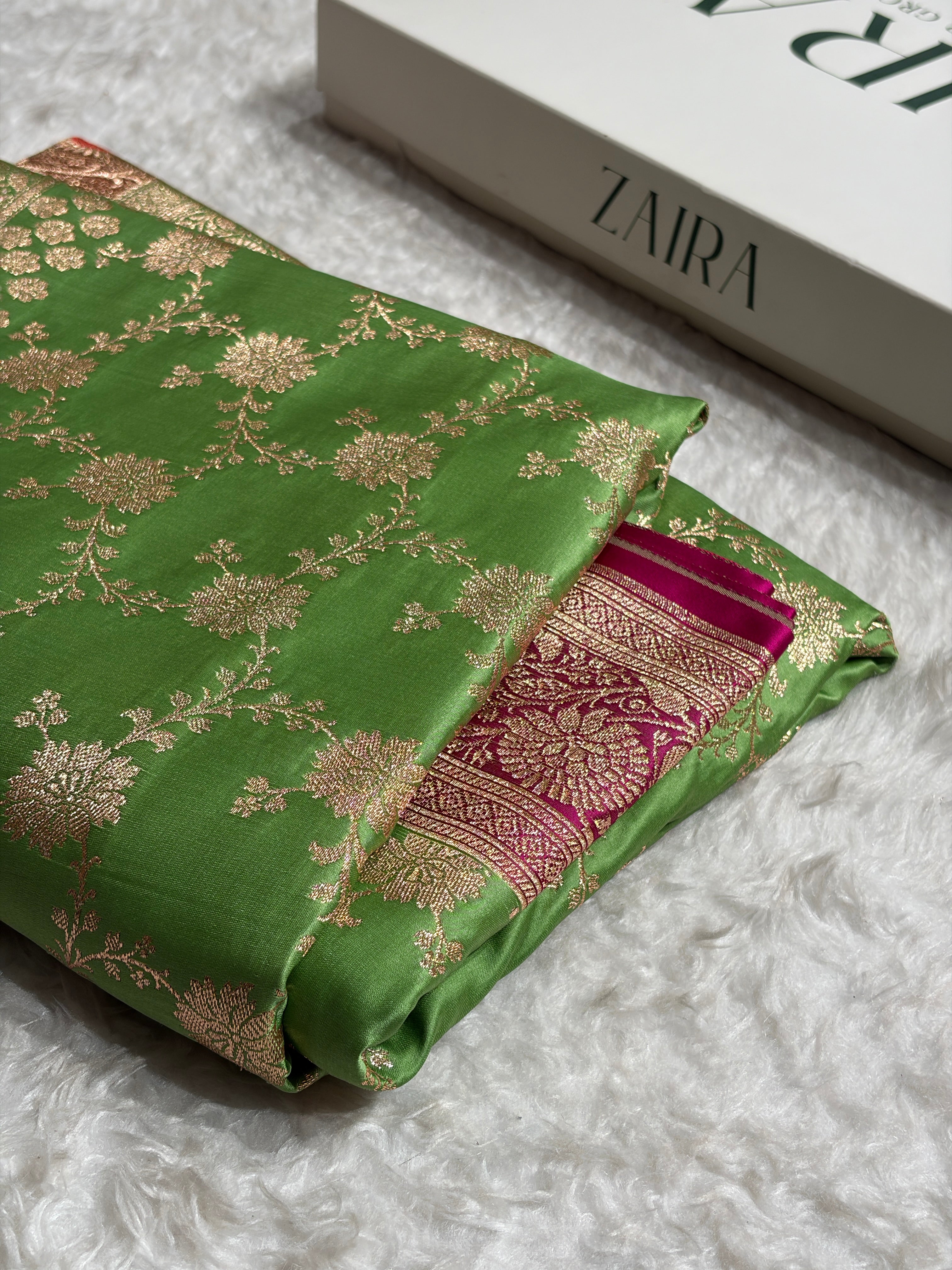 Banarasi Satin Katan Saree in Contrast Light Green / Rani Shades SK132