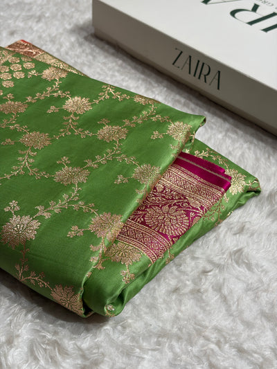 Banarasi Satin Katan Saree in Contrast Light Green / Rani Shades SK132