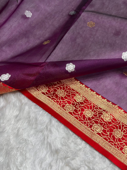 Contrast Pure Banarasi Organza Wine With Red Floral Banarasi Silk Saree PO-10