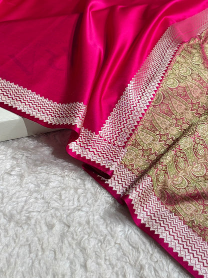 Premium Banarasi Satin Katan Saree Plain With Tanchoi Blouse in Rani Shades SK129