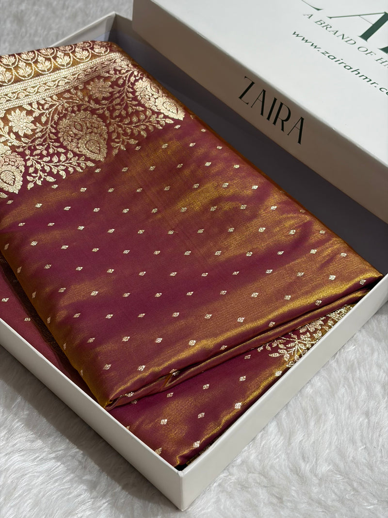 Satin Silk Saree Floral Boota in Magentic Gold Shades SS28