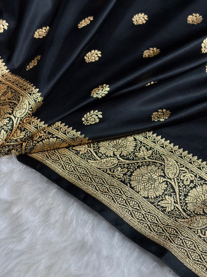 Black Floral Boota Pattern Satin Katan Silk Saree SK72