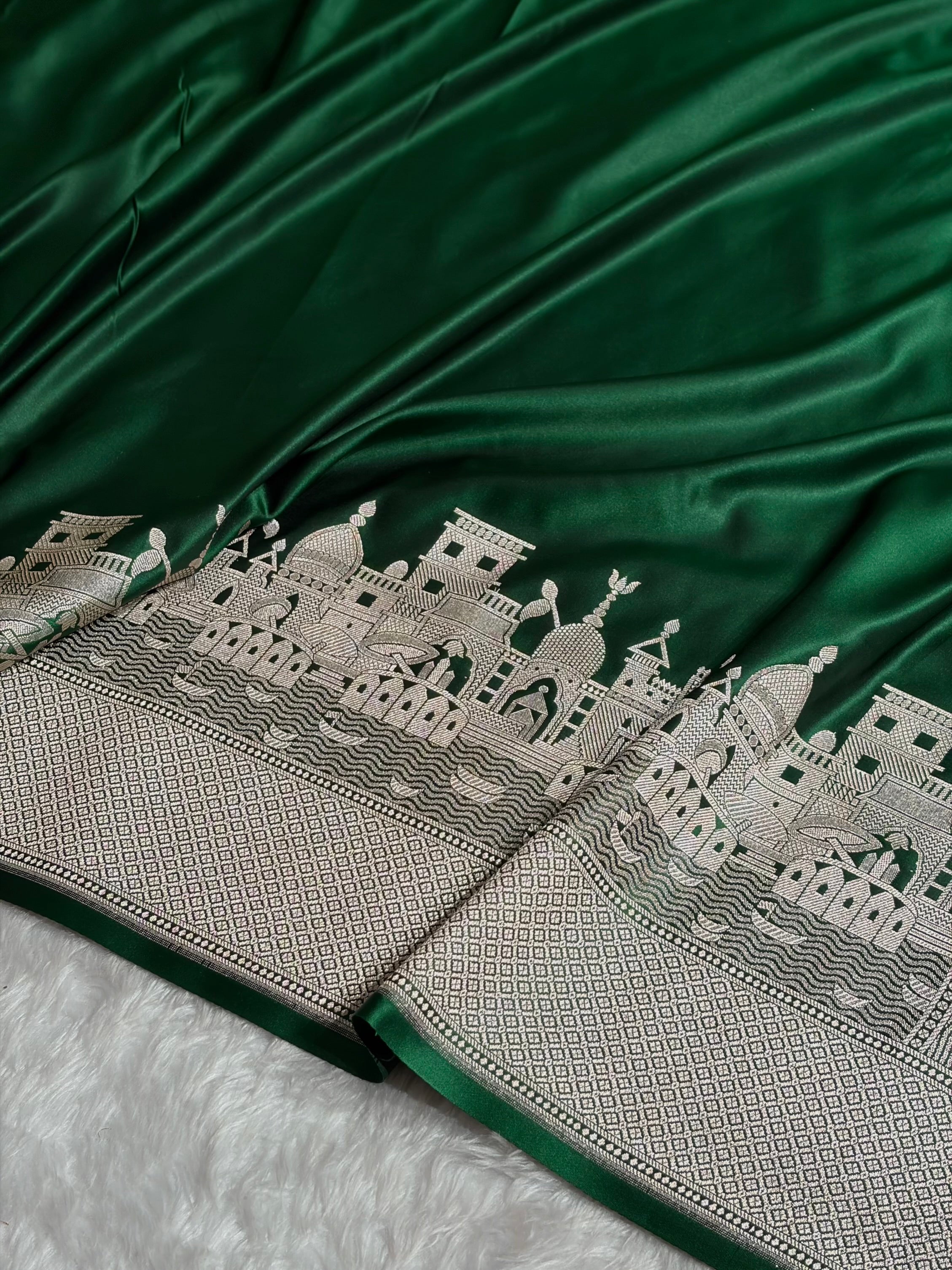 Bottle Green Shades Ghat Pattern Satin Katan Silk Saree SK19