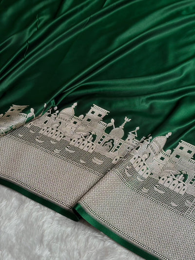 Bottle Green Shades Ghat Pattern Satin Katan Silk Saree SK19