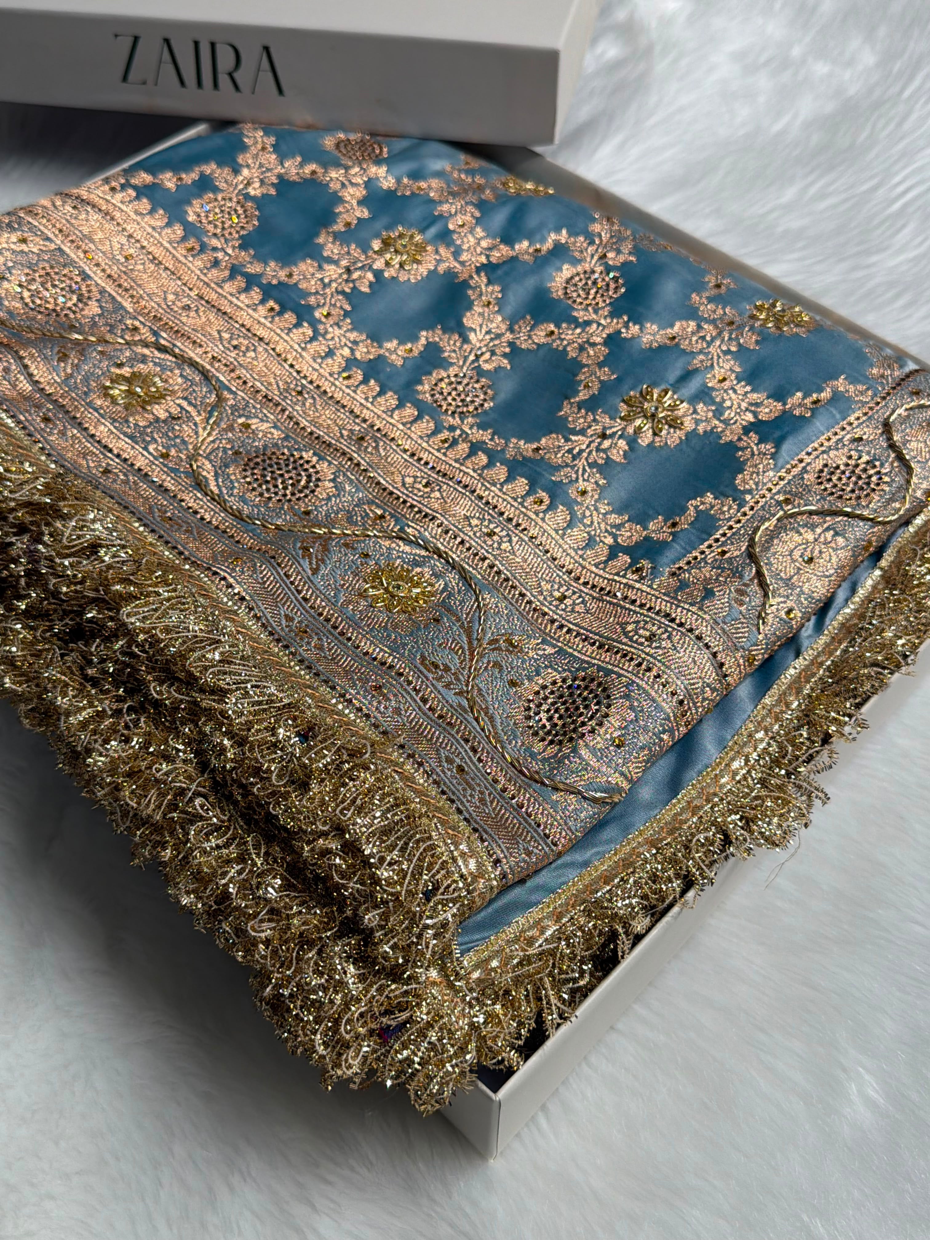 Pastel German Blue Swavroski & Zardozi Work With Gotta Patti Jaal Pattern Satin Katan Silk Saree BSKGP25
