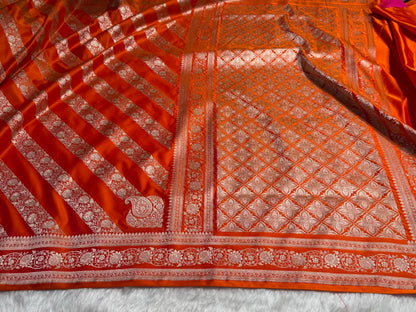 Orange Shades Banarasi Cross Pattern Floral Mashru Silk Saree MSM-102