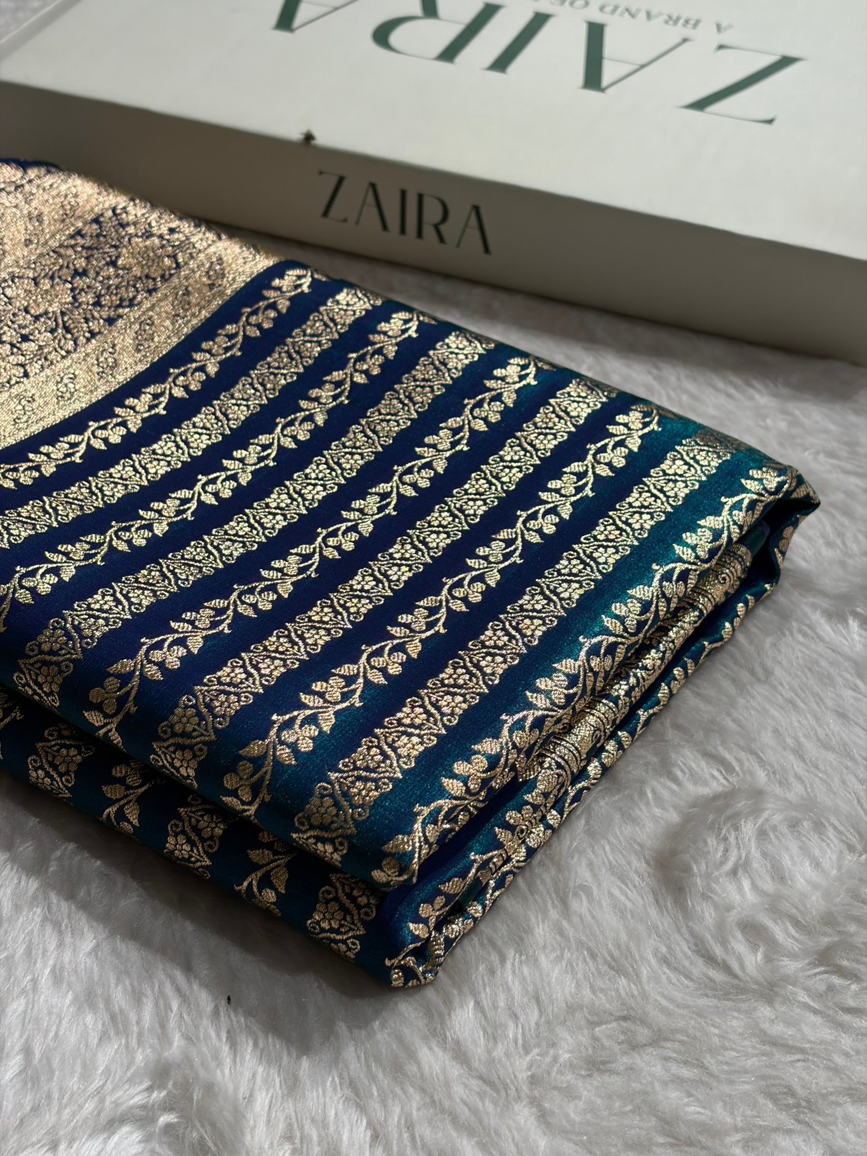 Peacock Shades Stripe Pattern Banarasi Satin Silk Saree SS46