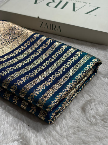 Peacock Shades Stripe Pattern Banarasi Satin Silk Saree SS46