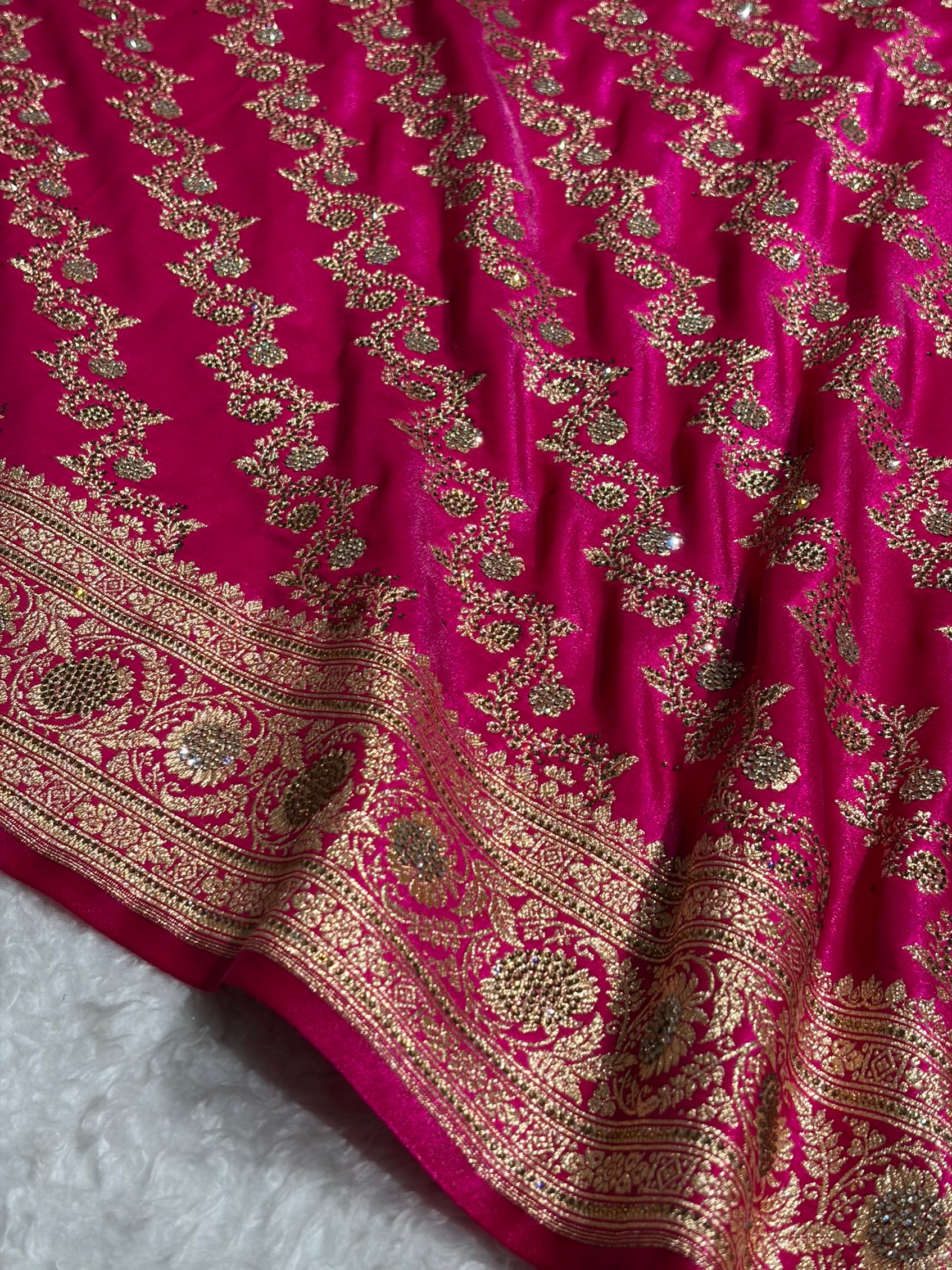 Banarasi Bridal Pink Shades With Swarovski Stone and White Stone Work Satin Silk Saree BSS32