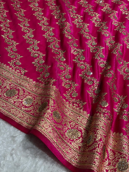 Banarasi Bridal Pink Shades With Swarovski Stone and White Stone Work Satin Silk Saree BSS32