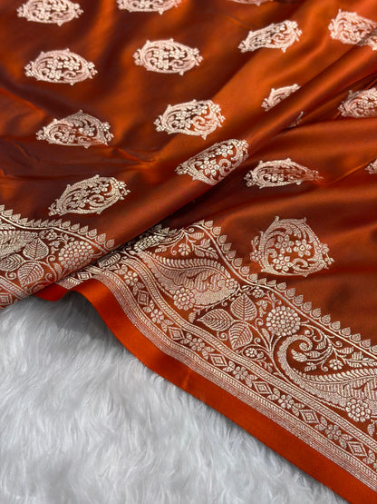 Rust Shades Banarasi Boota Pattern Floral Mashru Silk Saree MSM-104