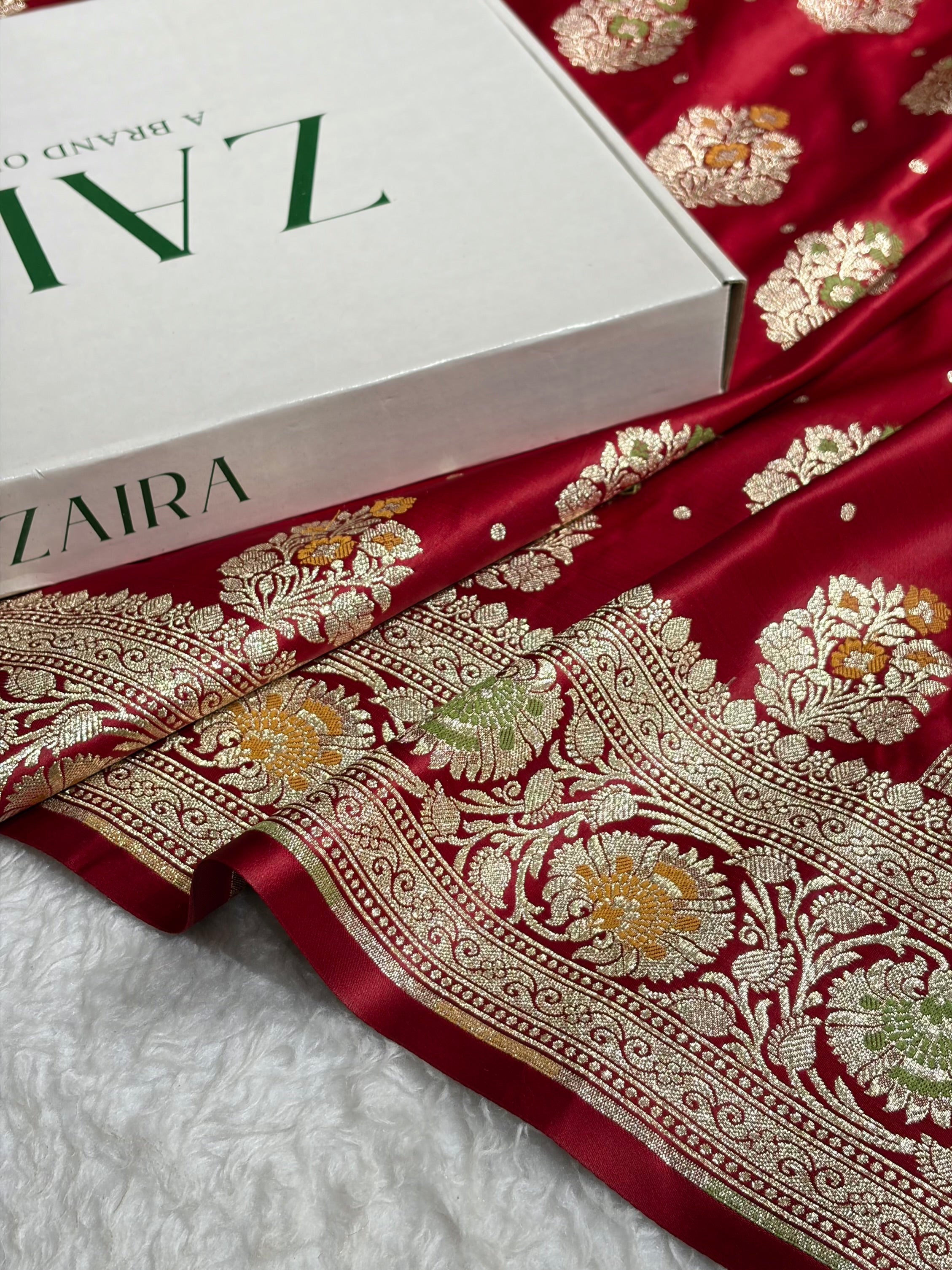 Maroon Shades Minakari Booti Satin Katan Silk saree