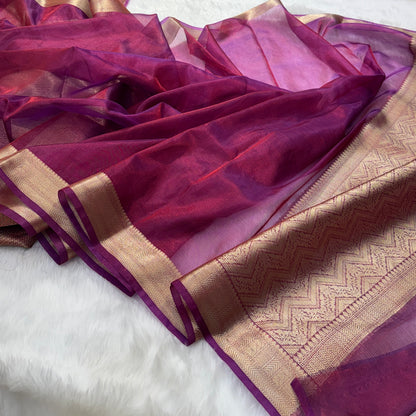 Purplish Red Shades Semi Pure Tissue Silk Saree T02