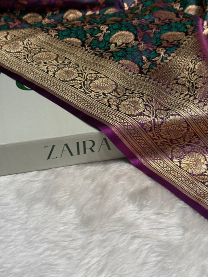 Purple With Green Tanchoi Satin Katan Silk Saree SKTM-05