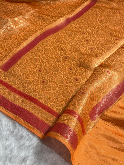 Banarasi Orange Shade Flower Minakari Brocade Pure Caramel Mango Silk Saree CS-22