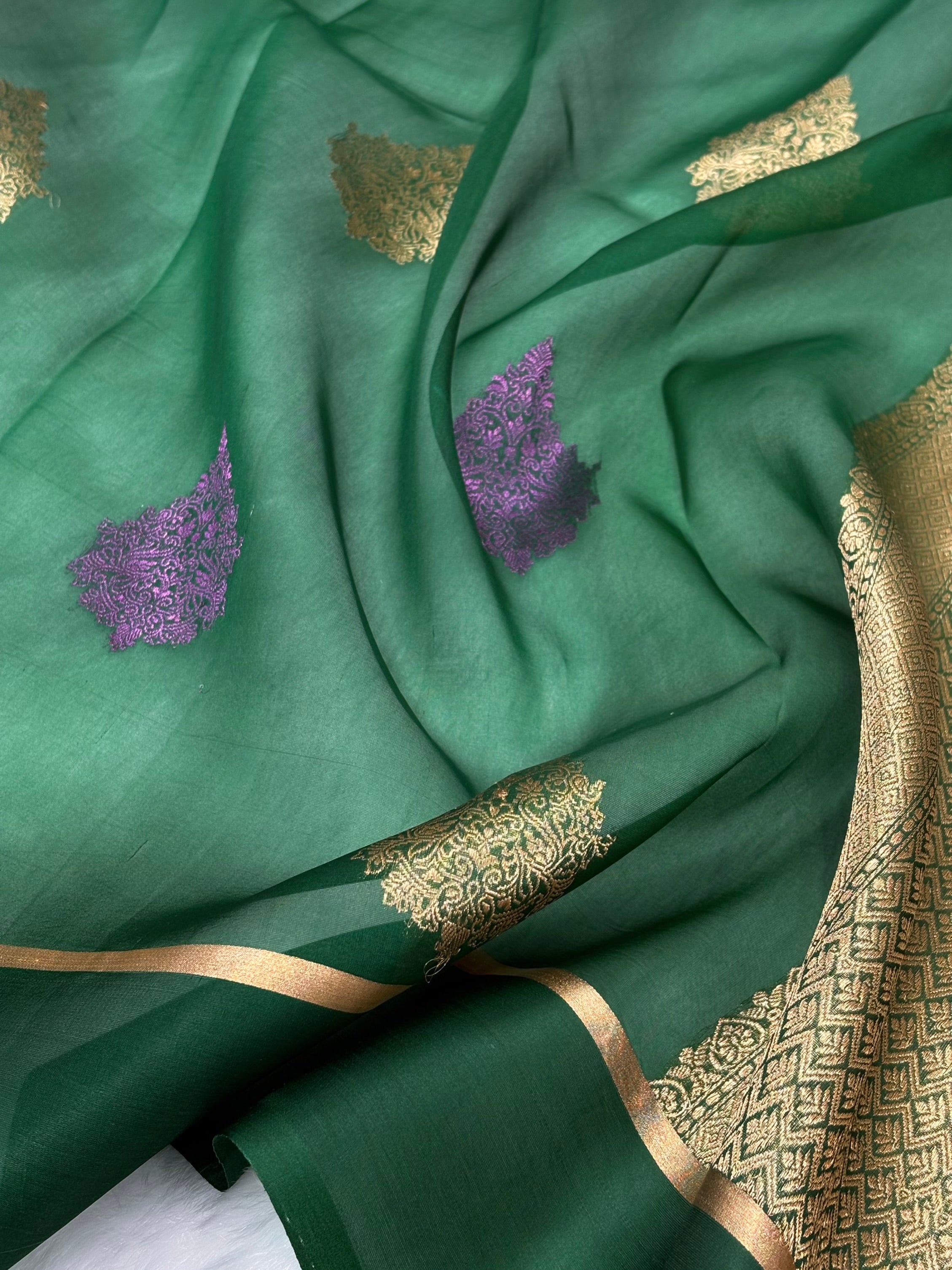 Pure Organza Dark Bottle Green Floral Banarasi Silk Saree PO-03
