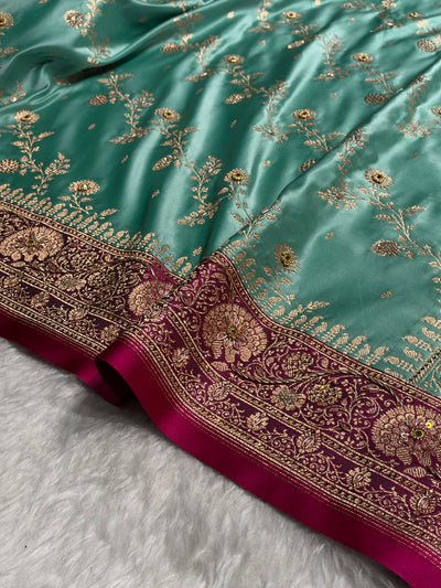 Seagreen and Rani Contrast Banarasi Satin Katan Saree With Aari Zardozi Work Boota in Cross Pista Green Shades BSK157