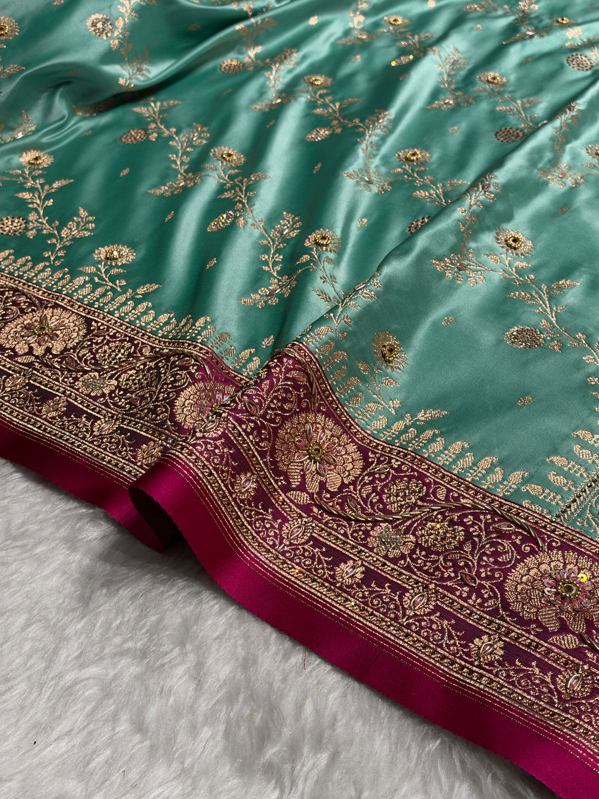 Seagreen and Rani Contrast Banarasi Satin Katan Saree With Aari Zardozi Work Boota in Cross Pista Green Shades BSK157