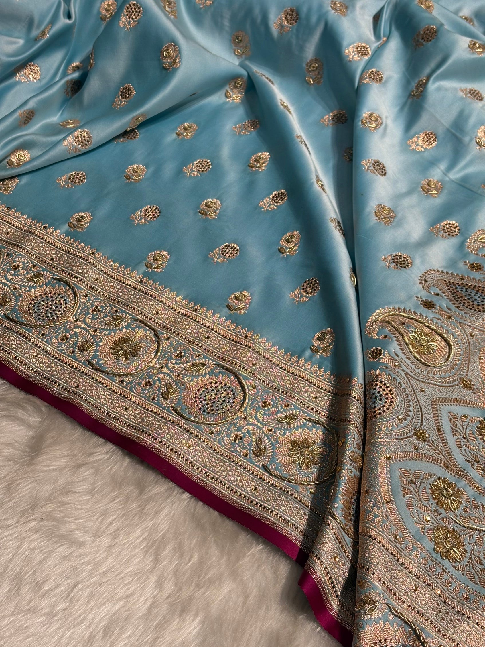 Sky Blue Shades Booti Katan Silk Saree with Stone & Zardozi Work BSK12