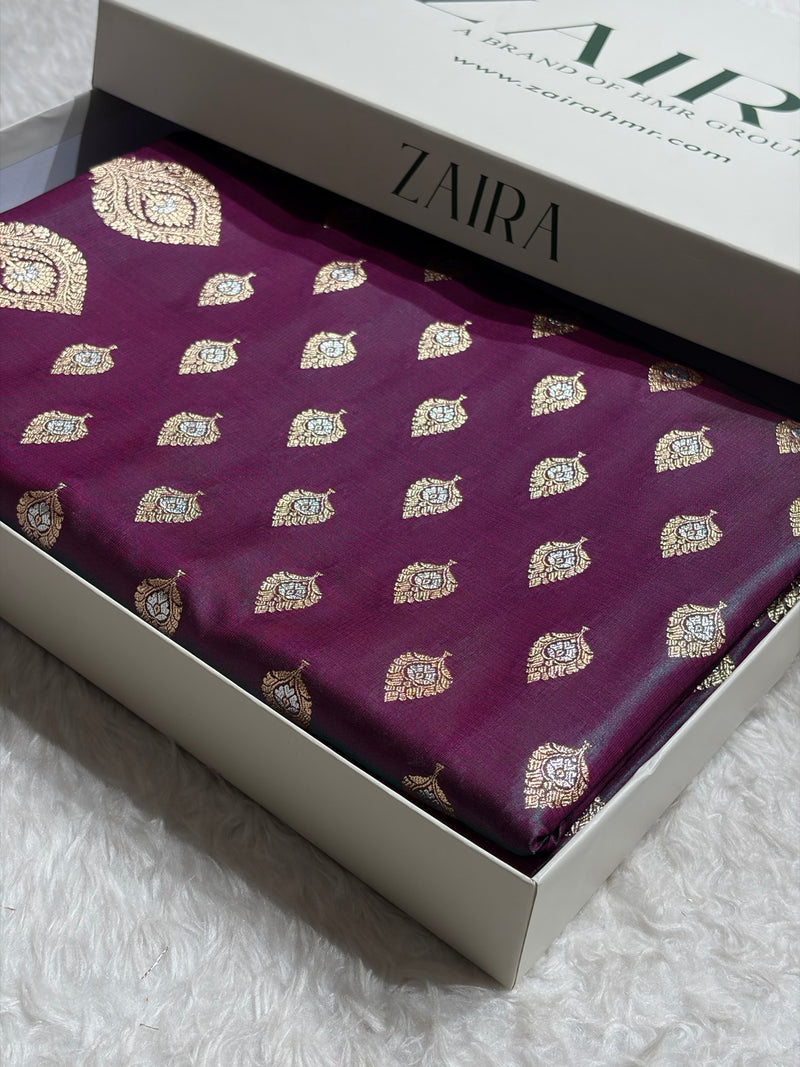Banarasi Cross Wine Shades Minakari Booti Pattern Banarasi Satin Silk Saree SS60