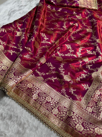Satin Silk Banarasi Jaal In Reddish Magenta Shades With Gotta Patti  SSGP14