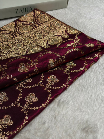 Satin Silk Saree Banarasi Swarovski Work Jaal in Wine Shades  BSS23 (R)