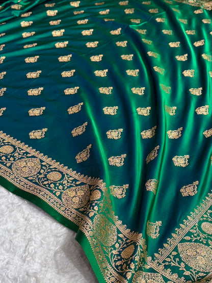 Banarasi Satin Katan Saree With Boota in Cross Green Shades SK98