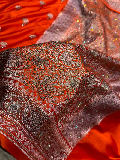 Banarasi Orange Shades Mashru Silk Saree With Swarovski Stone Work  BMCS51