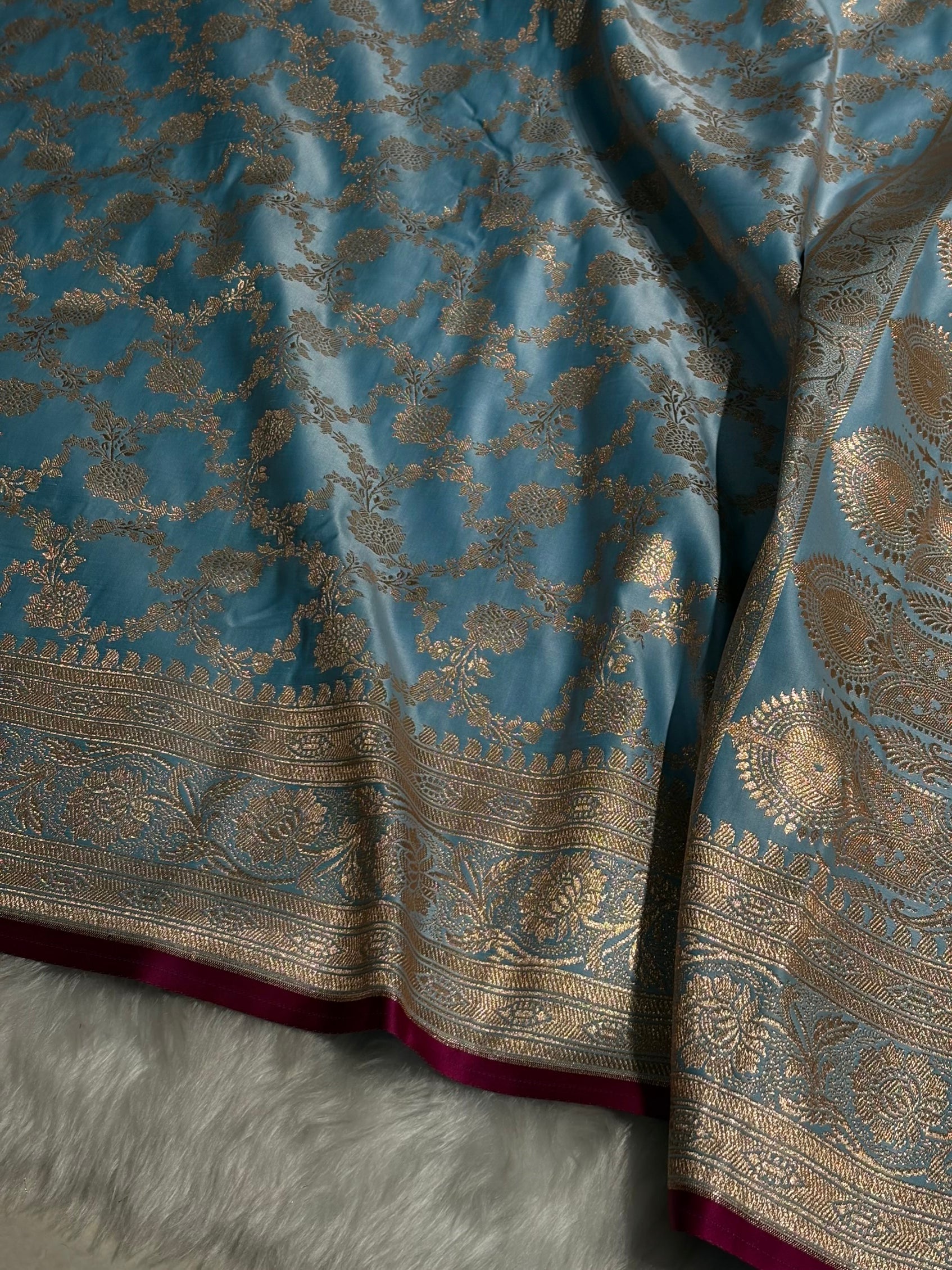 Sky Blue Jaal Pattern Satin Katan Silk Saree SK25