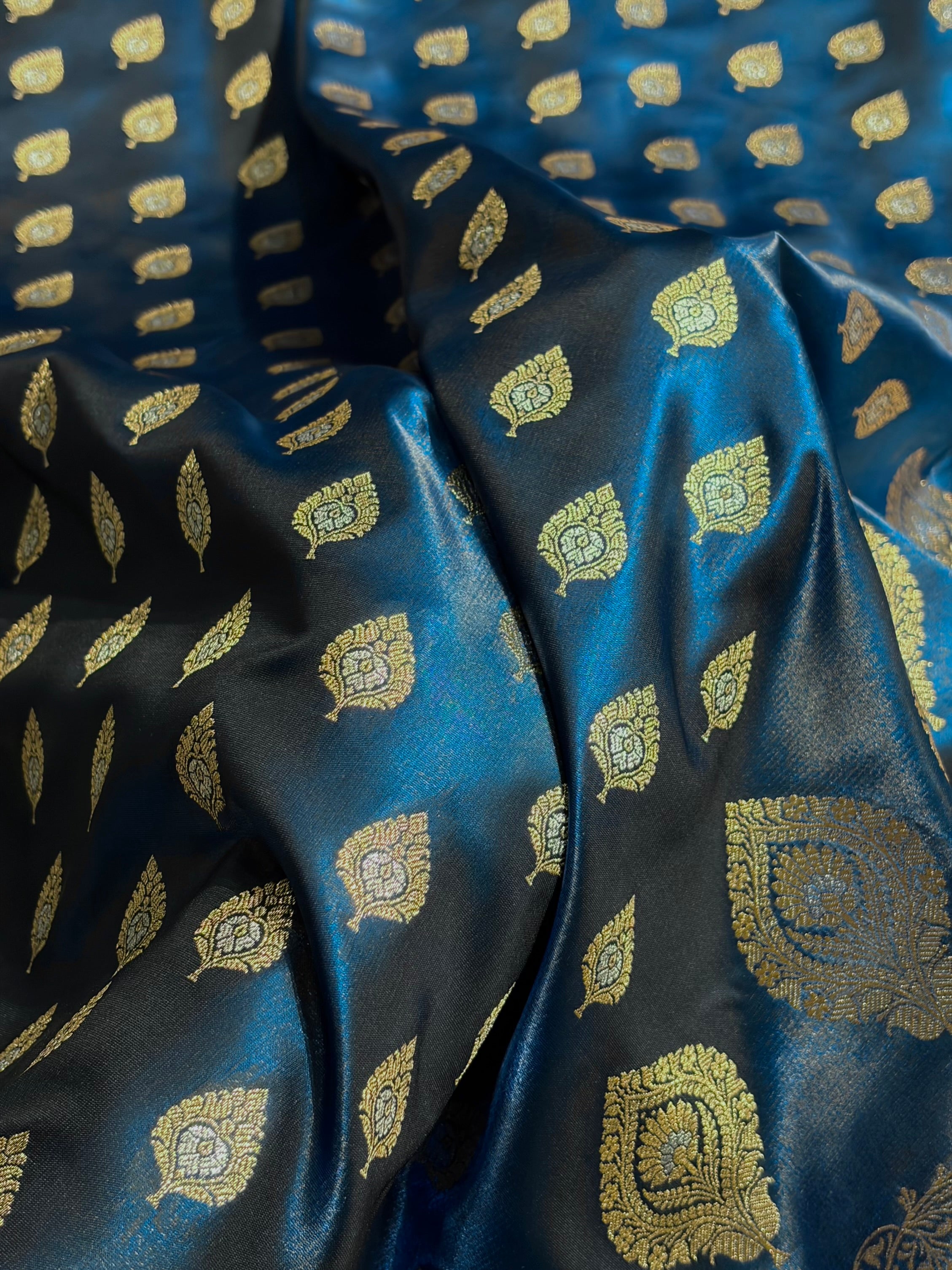 Banarasi German Blue Shades Minakari Booti Pattern Banarasi Satin Silk Saree SS60