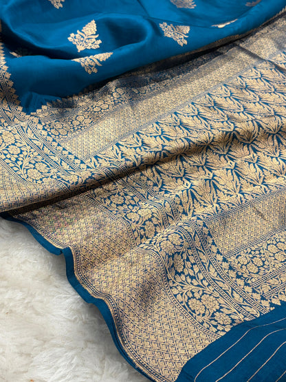 Banarasi German Blue Boota Handwoven Pure Paper Silk RM-86