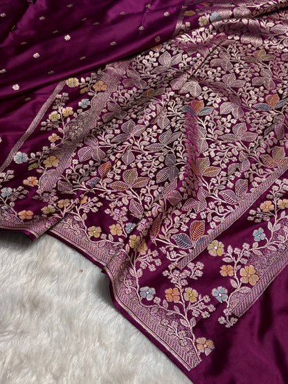 Wine Shades Minakari Floral Border Booti Mashru Silk Saree MS75