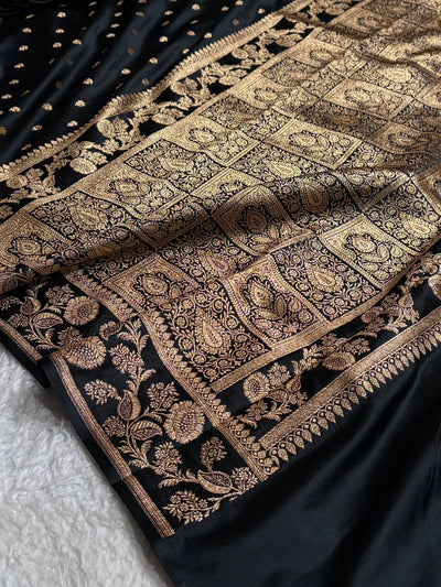 Black Floral Pattern Satin Katan Silk Saree SK77