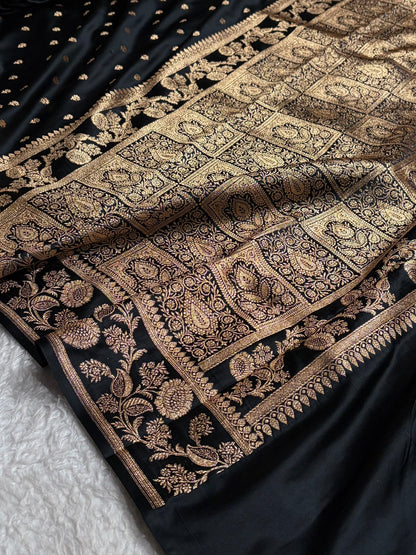 Black Floral Pattern Satin Katan Silk Saree SK77