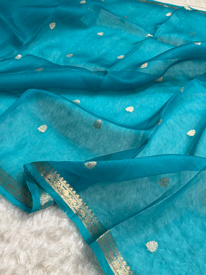 Banarasi Pure Organza Firozi Shades Banarasi Silk Saree PO-35