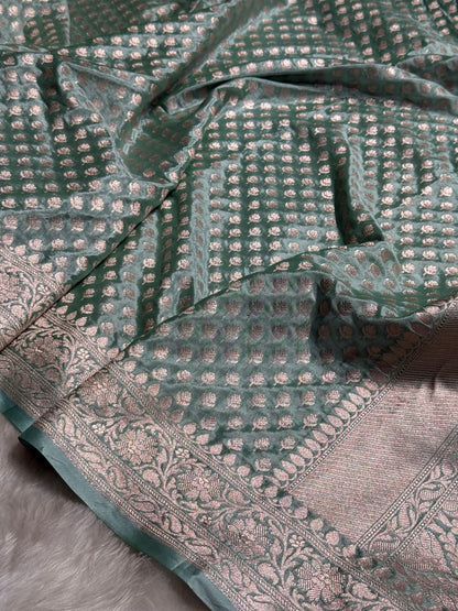 Powder Green Crepe Silky Katan Banarasi Saree CSK-01