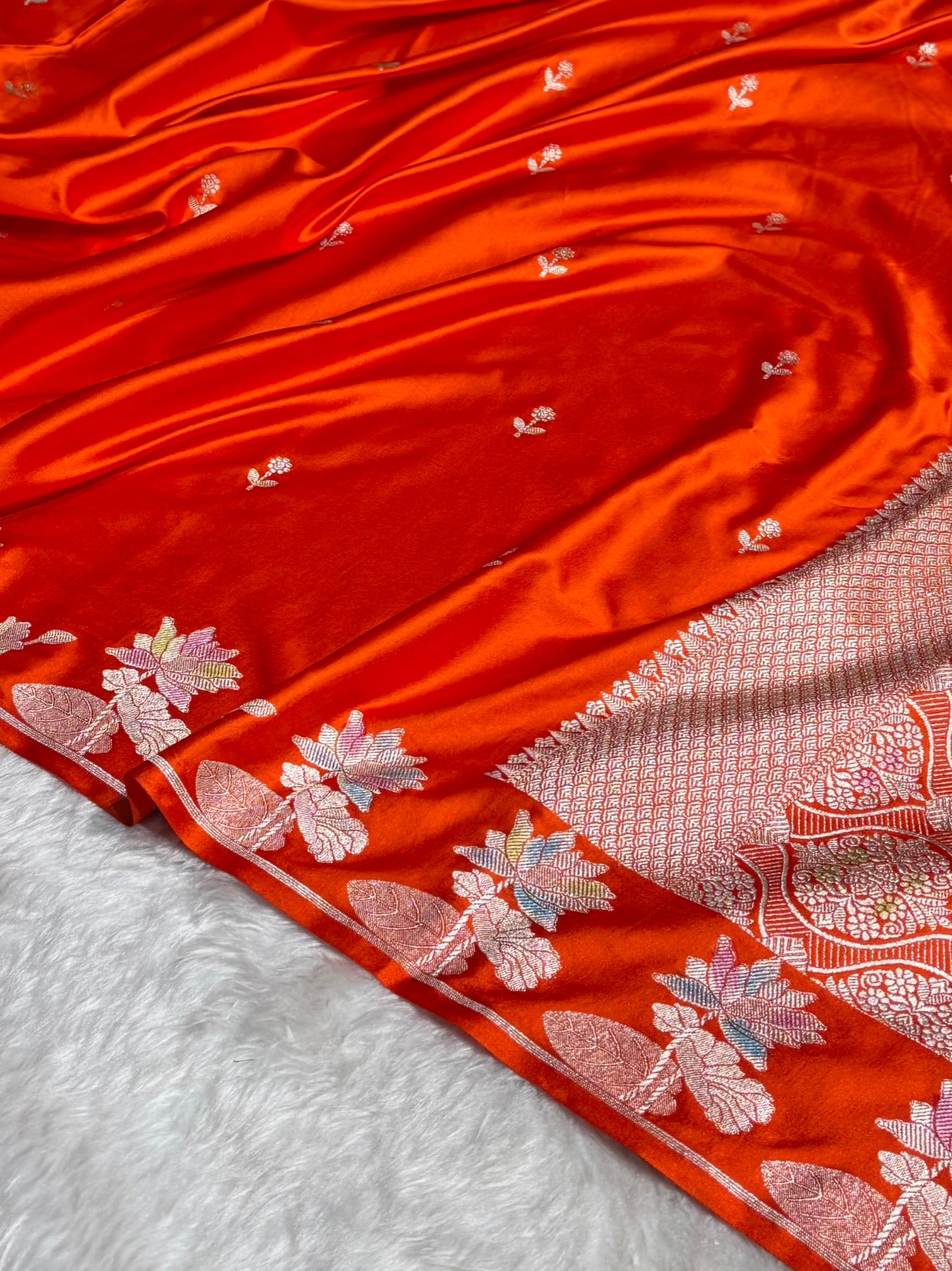 Orange Floral Border With Banarasi Minakari Booti Mashru Silk Saree MS54